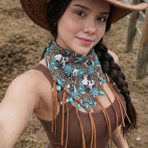 Accessories - Western Bandana Scarf Turquoise Floral Fringe Bandana Scarf Cowgirl Bandana